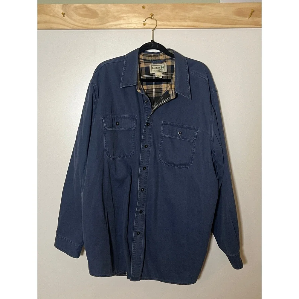 L.L. Bean Hurricane Flannel Lined Shacket Shirt Button Up Blue Men Sz XXL